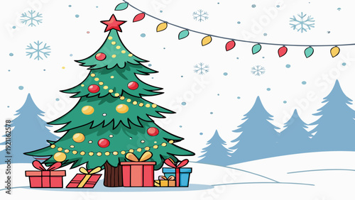 Christmas Tree Vector with Lights and Gifts in Snow