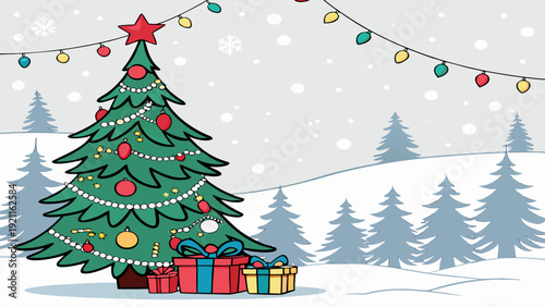 Christmas Tree Vector with Lights and Gifts in Snow