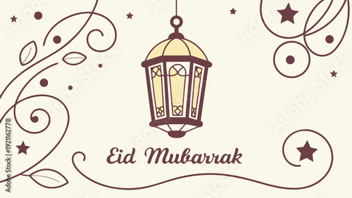 Eid Mubarrak Greetings. Arabic lantern on light bokeh background. 