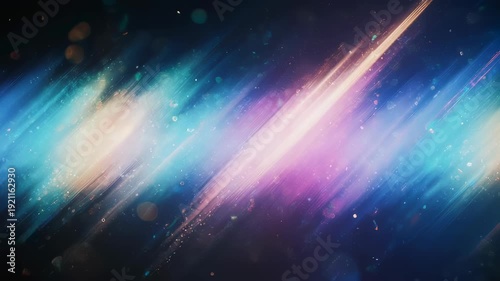 Vibrant, abstract streaks of light burst with color and sparkle against a dark background