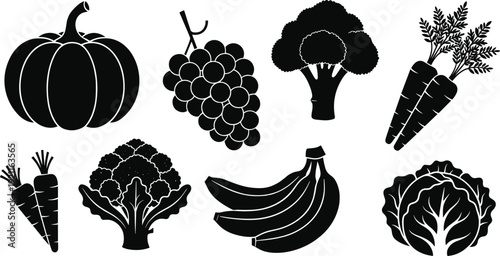 Black and white vegetable and fruit vegetables fruits pumpkin