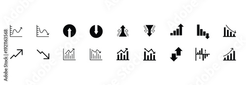 A collection of minimal black and white icons representing various financial and data trends, including line graphs showing fluctuations, bar charts indicating growth or decline, and directional arrow