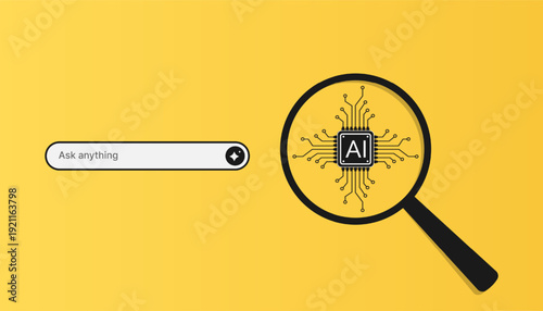 Generative AI bar with magnifying glass, AI-driven search interface elements