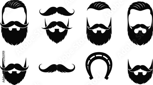 Black and white beard and mustache vector set featuring various facial hair styles and a horseshoe isolated on white background.