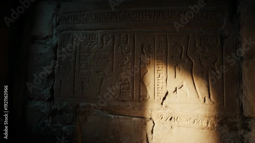 Ancient carved stone with hieroglyphs illuminated by a beam of light