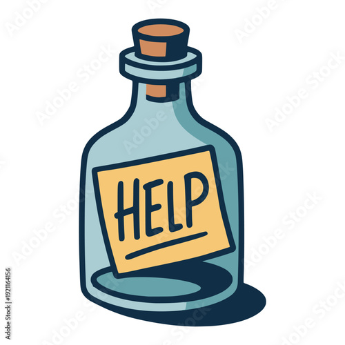 Help message in bottle SOS emergency urgent flat color vector illustration template design