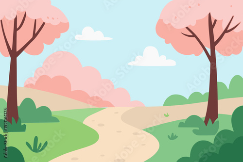 fresh sakura cherry blossom tree nature spring season view landscape background flat color vector illustration template design