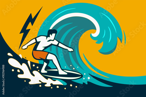 Photography cartoon man surfing with big wave ocean sport view background flat color vector