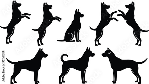 Black silhouettes of dogs in various poses