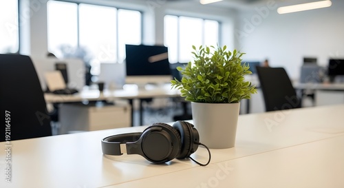Modern office workspace with headphones and plant on desk