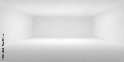 Modern 3d render of an empty white room interior featuring a blank wall and wooden floor in a minimalist gallery space with natural light and nobody inside