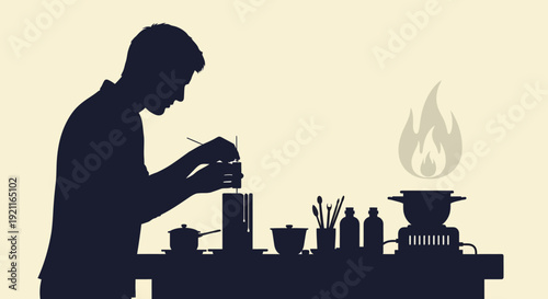 Man cooking alone in kitchen with various utensils and burning flame on stove Whisk visible
