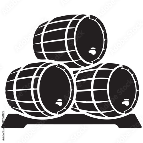 Three wooden barrels stacked on a stand made of wood  industrial and rustic equipment for storage and transportation