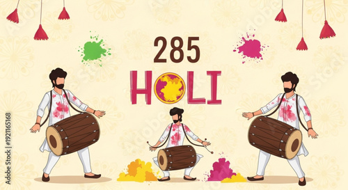 Men playing drums celebrating holi festival with colorful powders and decorations