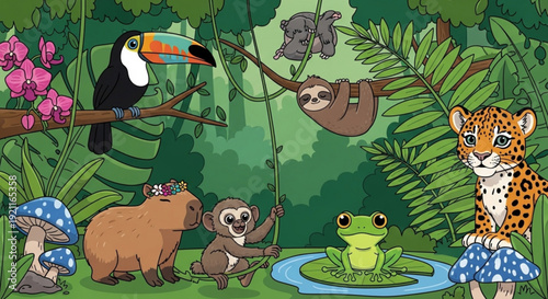 Rainforest animals gathering around watering hole with tropical plants and trees