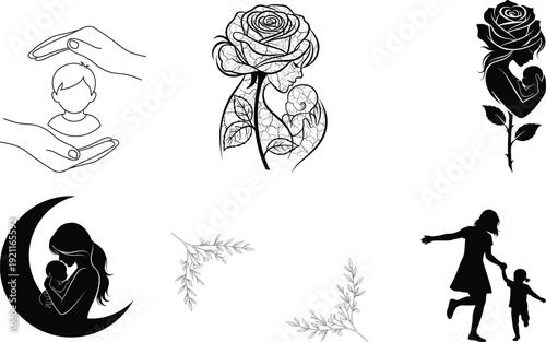 Collection of black and white line art illustrations of people and flowers