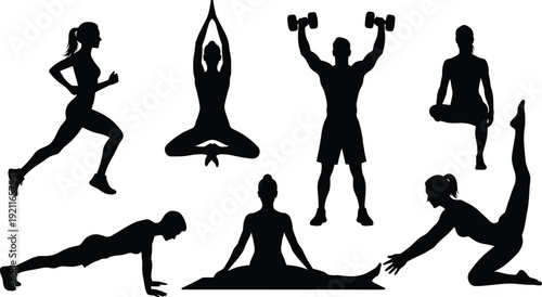 Black silhouettes of people exercising yoga and weights exercise fitness workout