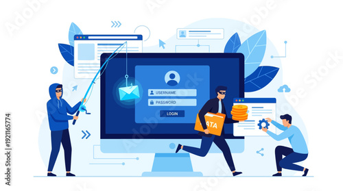 Cyber Security Threats: Phishing, Hacking, and Data Theft Illustration