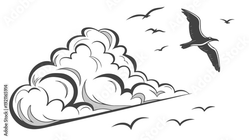 Stylized cloud and flying birds in a clear sky.