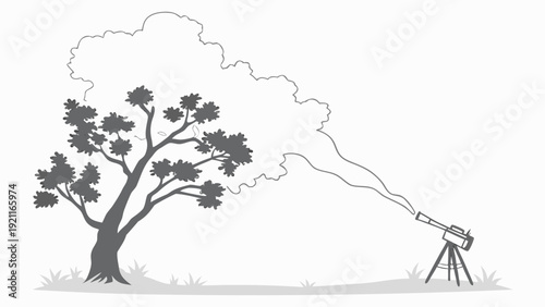 Telescope observing a tree with a cloud of smoke emanating from the telescope and forming the trees foliage symbolizing observation and nature.
