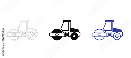 Road Roller Vector Icon Set in Three Styles: Light Gray, Solid Black, and Blue Outline. Heavy Construction Machinery and Steamroller Illustrations for Civil Engineering and Roadwork Design.