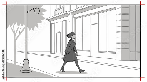 Woman walking on a city street with buildings and a lamppost in the background.