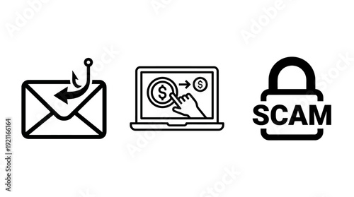 Online Scam, Phishing & Fraud Icons: Digital Deception, Email Attacks, Cybersecurity Threats, and Financial Schemes - Essential for Awareness