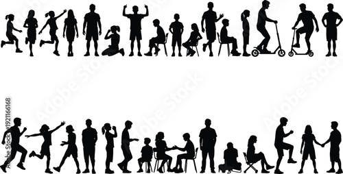 Black silhouettes of people running sitting standing white background