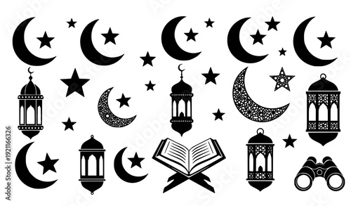 Modern Black Vector Icon Set of Islamic Ramadan and Eid Mubarak Symbols: Moon, Lantern, Quran, and Binoculars