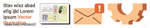 Business analytics, email alerts, automation processes, data visualization, workflow, productivity concepts. Chart, envelope with notification and gear icon visuals. Business analytics and email