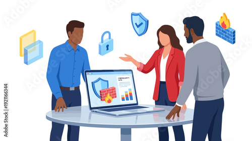 Cybersecurity Data Protection Strategy with Diverse Business Team Analyzing Digital Security on Laptop