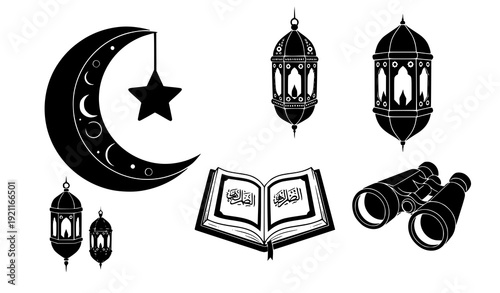 Cartoon Black Vector Icon Set of Islamic Ramadan and Eid Mubarak: Moon, Lantern, Quran, and Binoculars