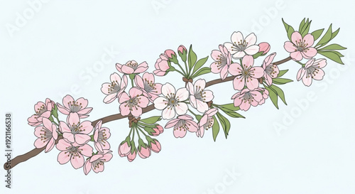 Blossoming cherry tree branch with pink flowers and green leaves on light blue background symbolizing spring growth and renewal in nature