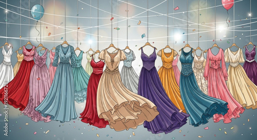 Vibrant evening gowns in various colors hang from ceiling formal dresses with intricate details and flowing skirts festive atmosphere with confetti and balloons elegant fashion