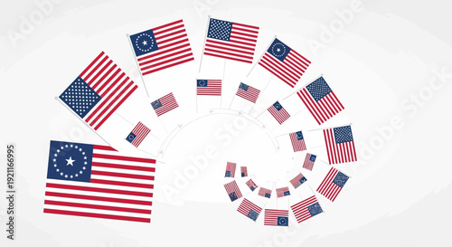 Evolution of American flags displayed in a circular pattern