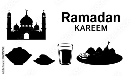 Flat Vector Illustration of Ramadan Kareem Iftar Symbols: Mosque, Dates, Water Glass, and Traditional Food Plate