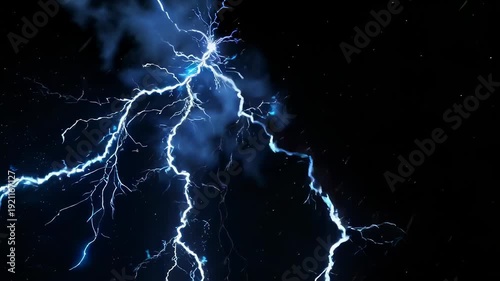 Blue lightning strikes illuminate the dark sky with wisps of smoke