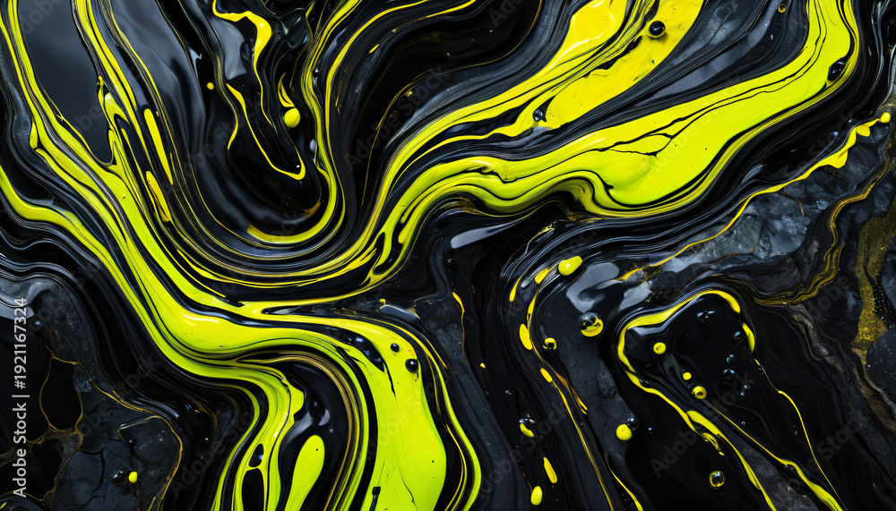 Obraz premium Vibrant neon yellow and black abstract liquid marble texture, dynamic dark fluid art background