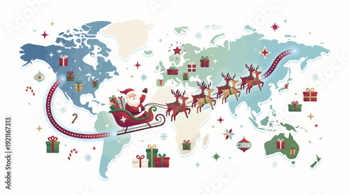 Christmas Delivery Concept – Santa Sleigh Route Map Vector