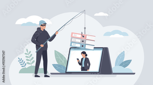 Hacker Phishing Digital Data & Files from Laptop: Cybercrime, Online Fraud & Identity Theft Concept