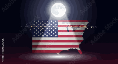 USA map with American flag overlay under moonlight