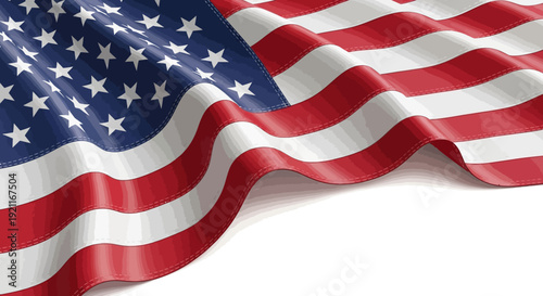 Waving American flag with stars and stripes on white background
