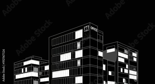 Modern office buildings in futuristic silhouette style against black background