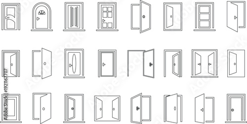 Door icon set collection, open and closed entrance symbols for home, interior, architecture and navigation design in solid and outline style vector isolated on transparent background