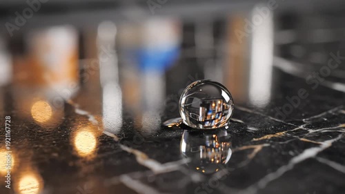 Closeup of a sparkling diamond ring resting on a dark reflective marble surface with blurred festive bokeh lights in the background symbolizing luxury and celebration.