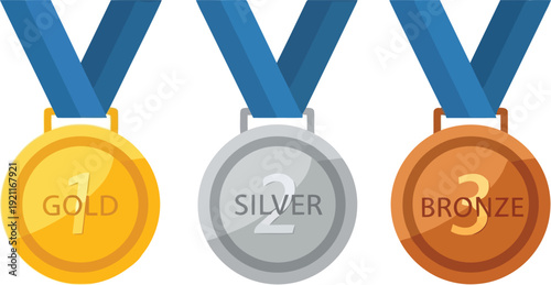 Gold silver and bronze medals with blue ribbons for first second and third place winners.
