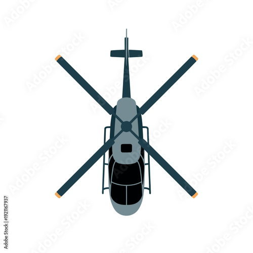 Helicopter from a direct top-down aerial perspective shows rotor blades.