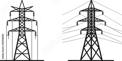Electrical transmission towers vector illustration, compact symmetrical pylon design, lattice structure with cross arms, insulators, power lines infrastructure, energy distribution concept artwork