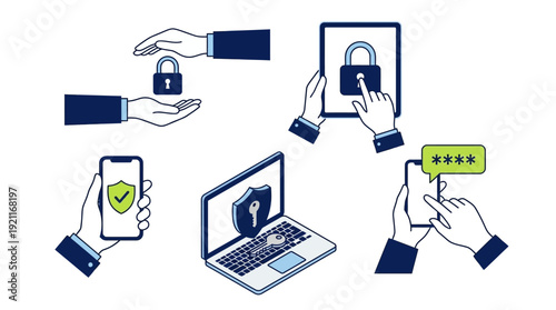 Digital Security & Data Protection Icon Set: Cybersecurity, Privacy, and Secure Access for Devices
