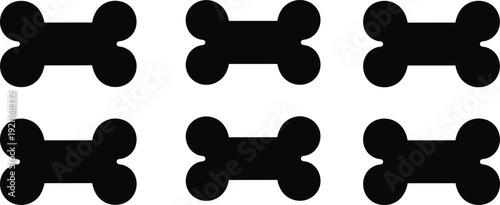 Set of dog bone silhouette icons for pet shops including various bone shapes, treats, snacks, dog food elements and animal care symbols